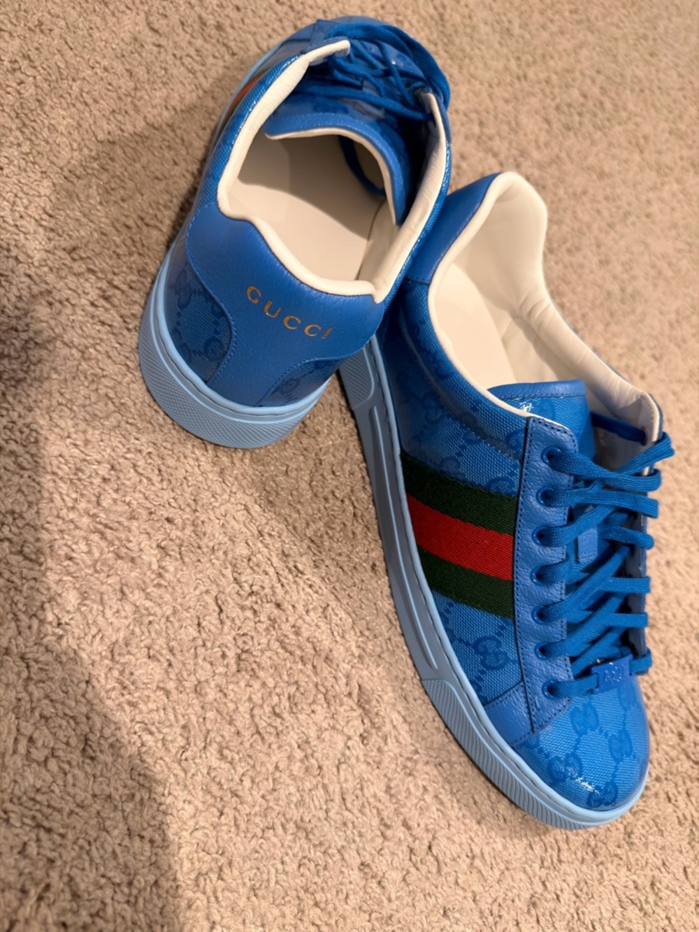 NEW! Gucci Blue Aces- GG Canvas Low-Top Sneakers with Red & Green Web Stripe